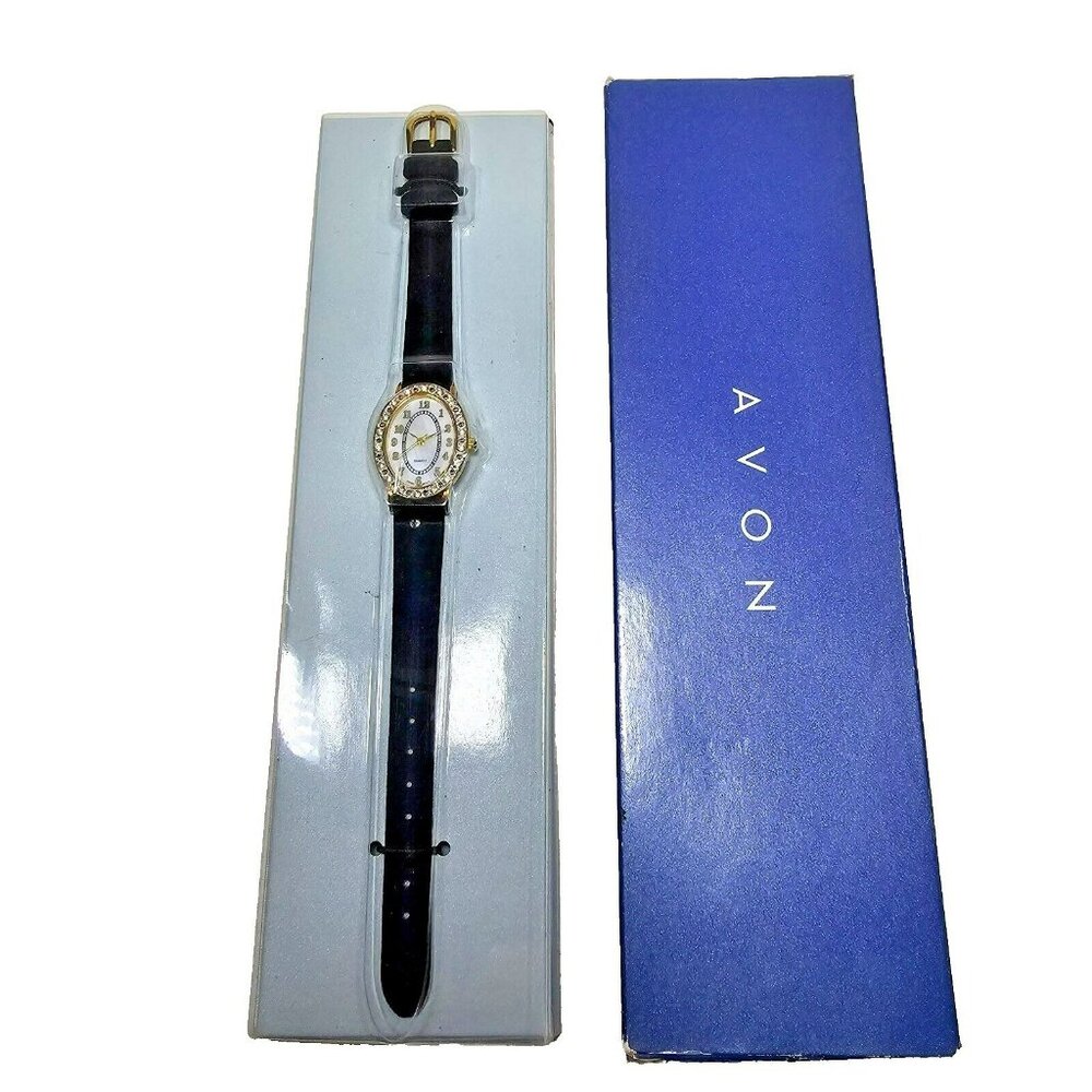 Vintage Avon Women's Oval Face Watch Mother Of Pearl Rhinestone Accent NEW w Box